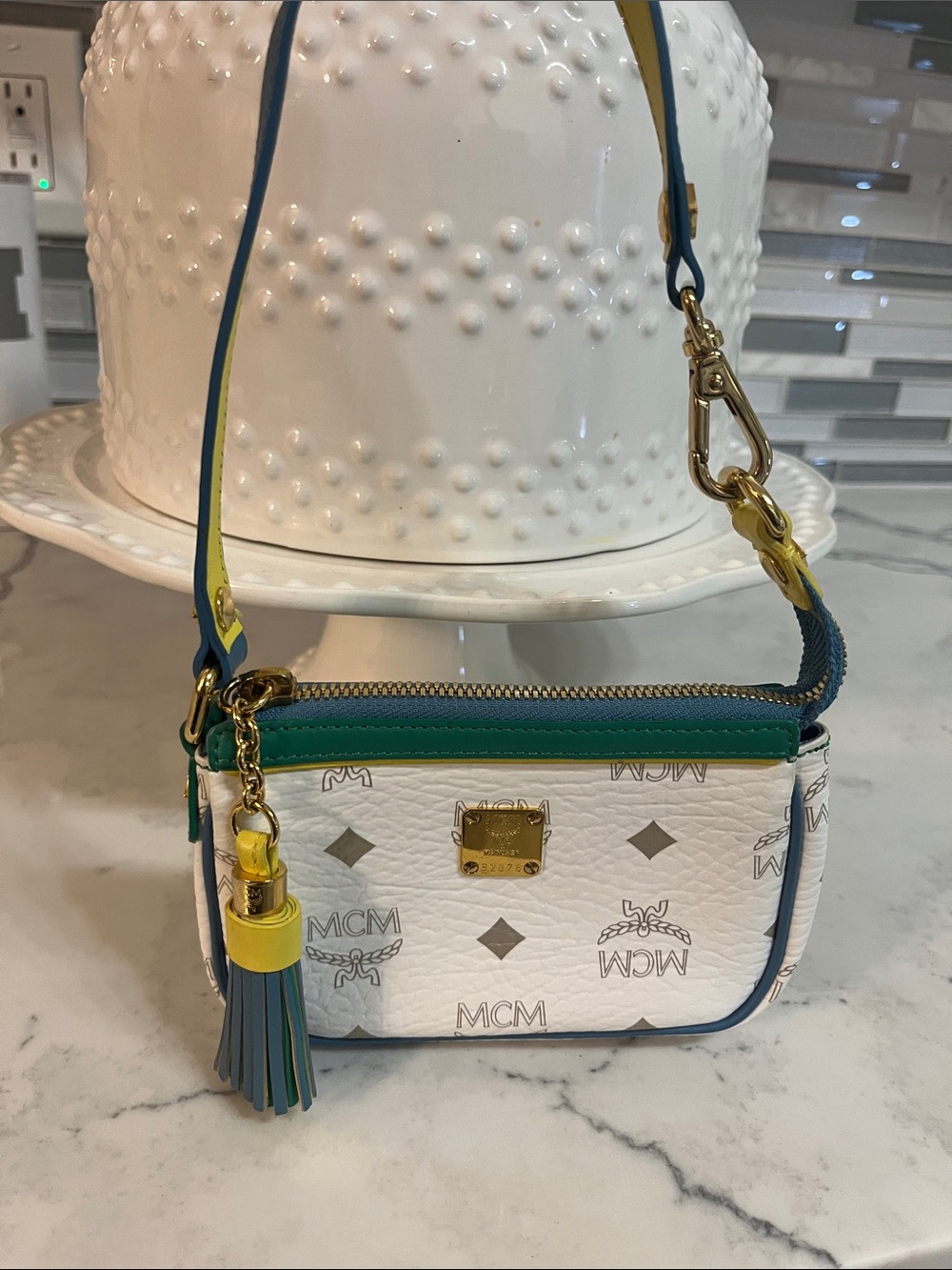 MCM White Leather Crossbody with Green Trim and Blue Accents